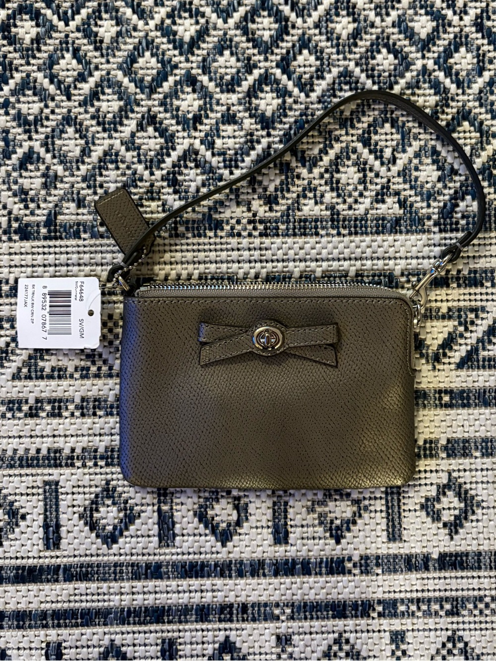 Coach Olive Green Leather Mini Wristlet with Bow Accent